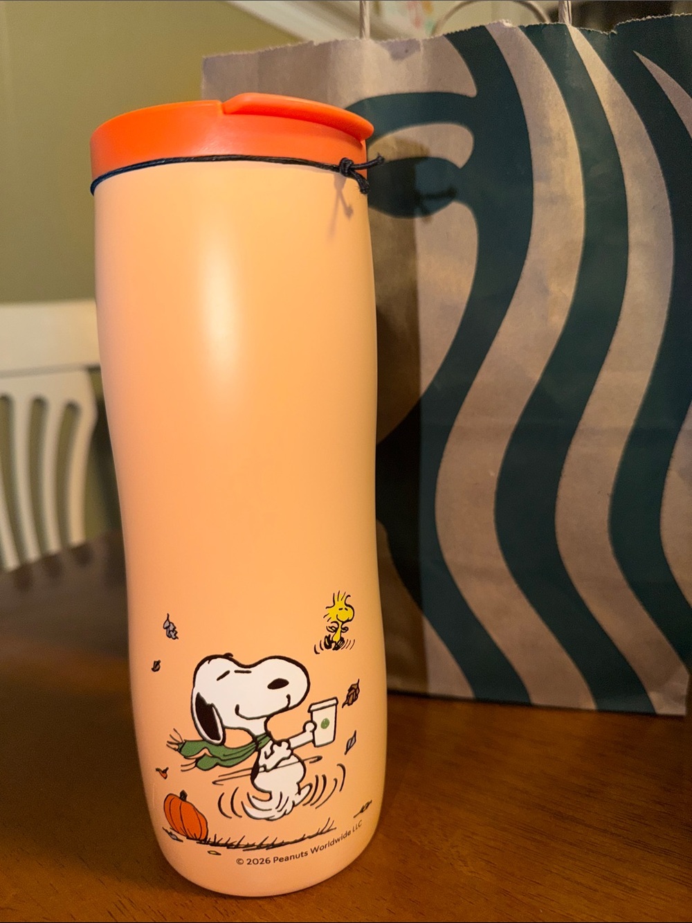 Peanuts Peach and Orange Snoopy Travel Tumbler Starbucks
